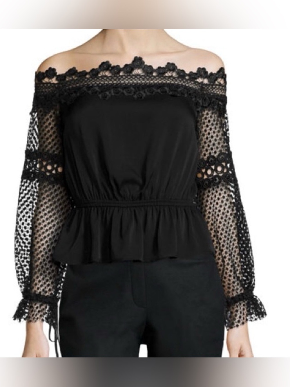 self-portrait Women’s 4 Black Solid Lace Off-Shoulder LS Peplum Blouse SP8-009 - Picture 2 of 8